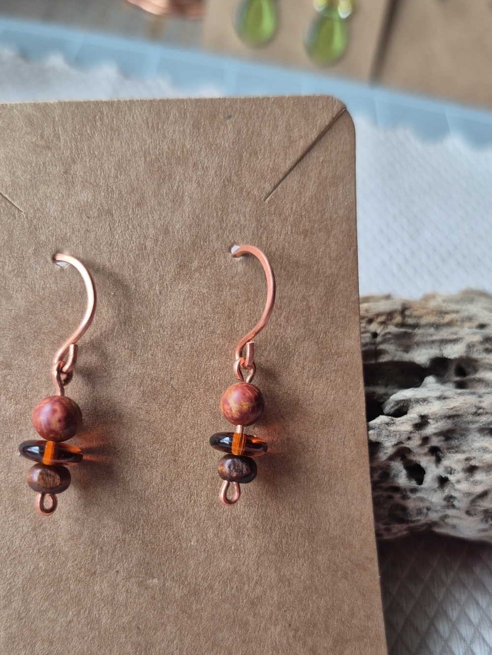 Copper Tone Brown Bead Drop Earrings